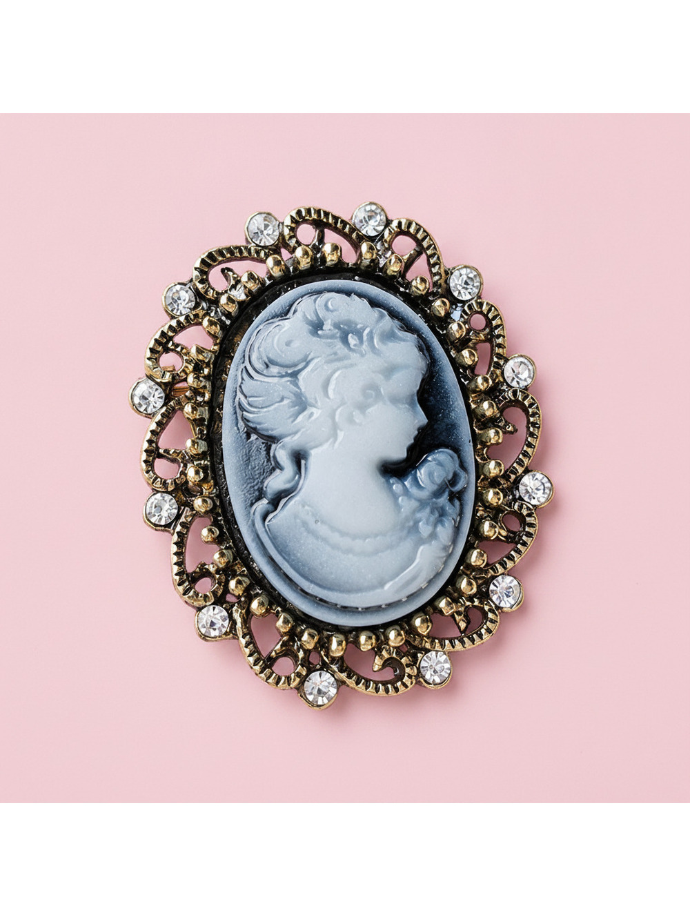 Intricate Vintage-Style Cameo Brooch with Crystal Accents